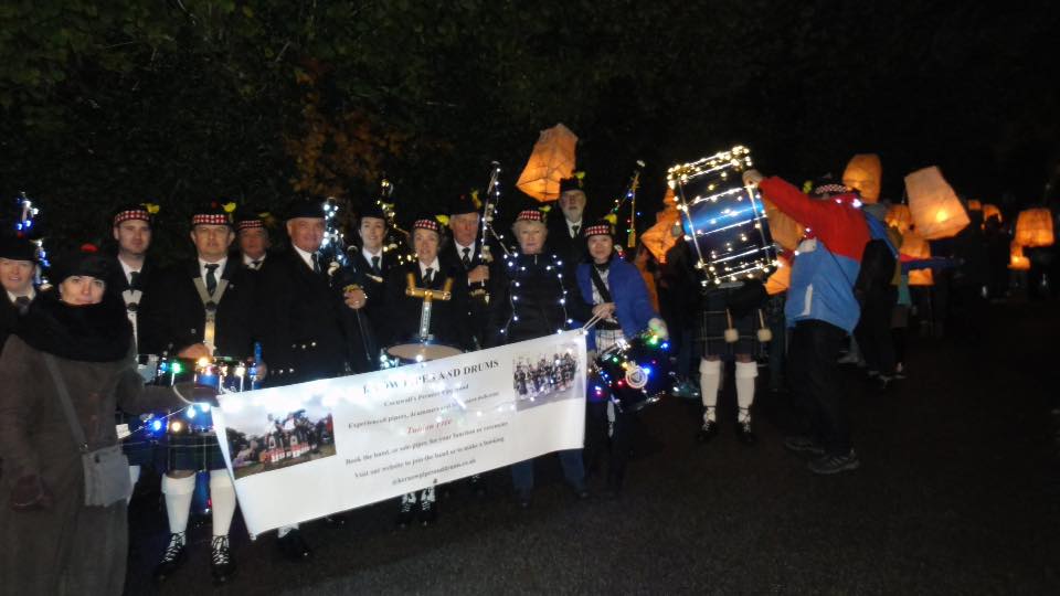 kernow pipes and drums at truro city of lights parade 2019