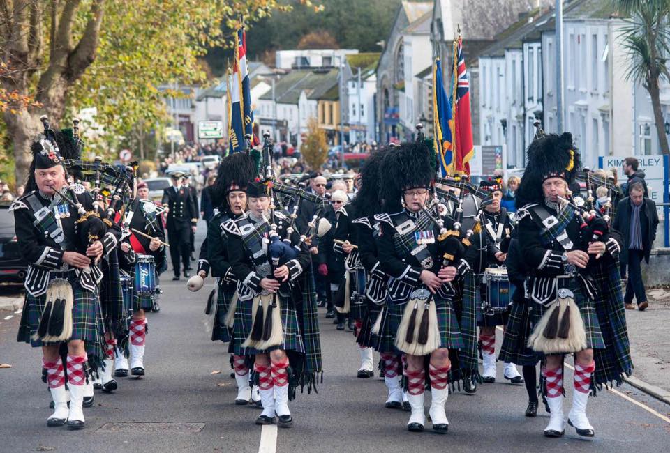kernow pipes and drums at falmouth remembrance parade 2019 photo © colin higgs, falmouth packet