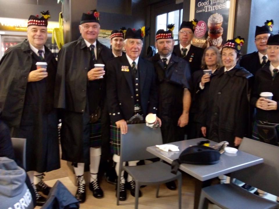kernow pipes and drums relaxing after the poppy launch in truro 2019